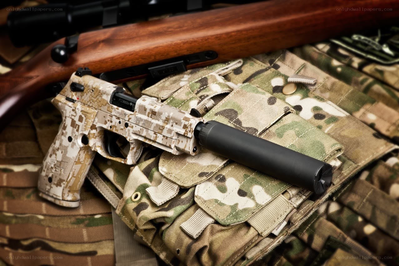 camouflage pistol with suppressor