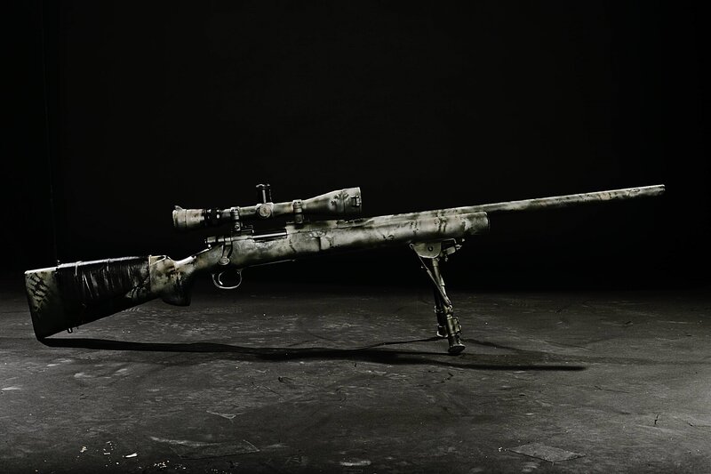 Camouflage Sniper Rifle — Black, Dramatic, Photograph, Scope