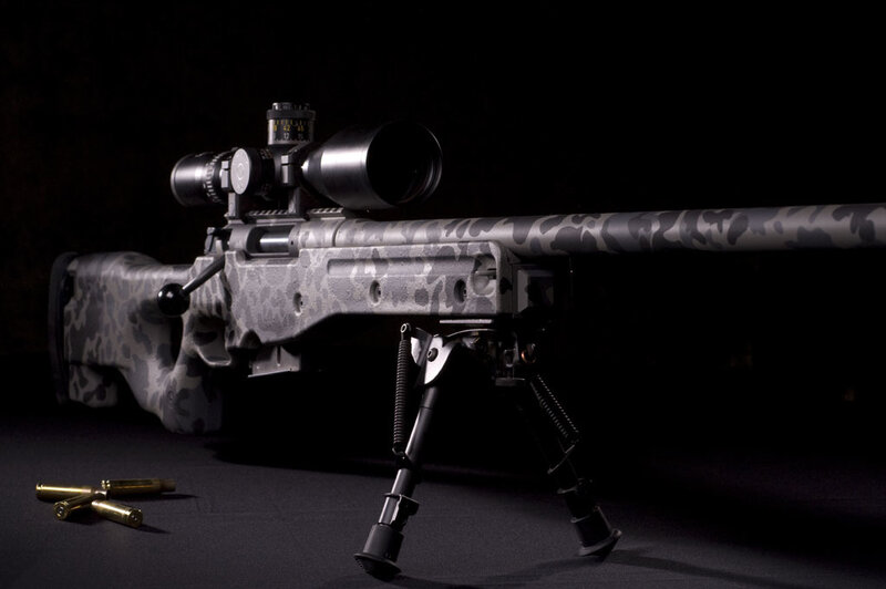 Camouflage Sniper Rifle — Black, Dramatic, Photograph