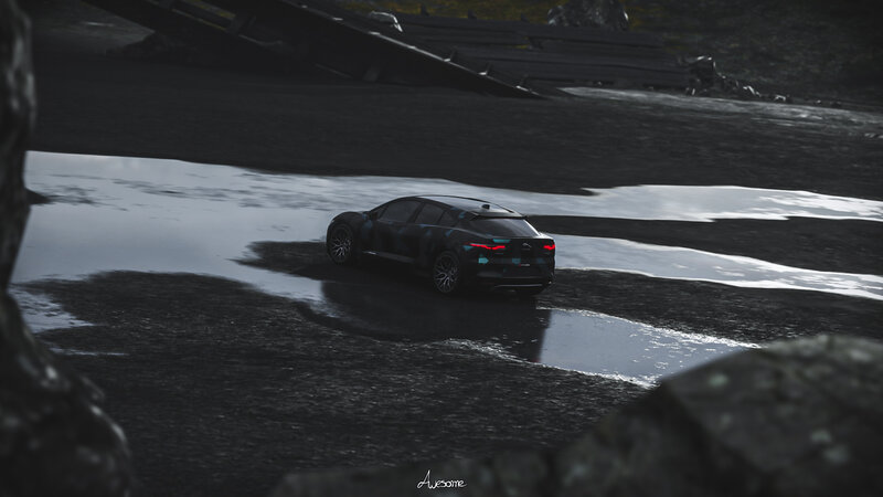 Camouflaged Car on Wet Ground