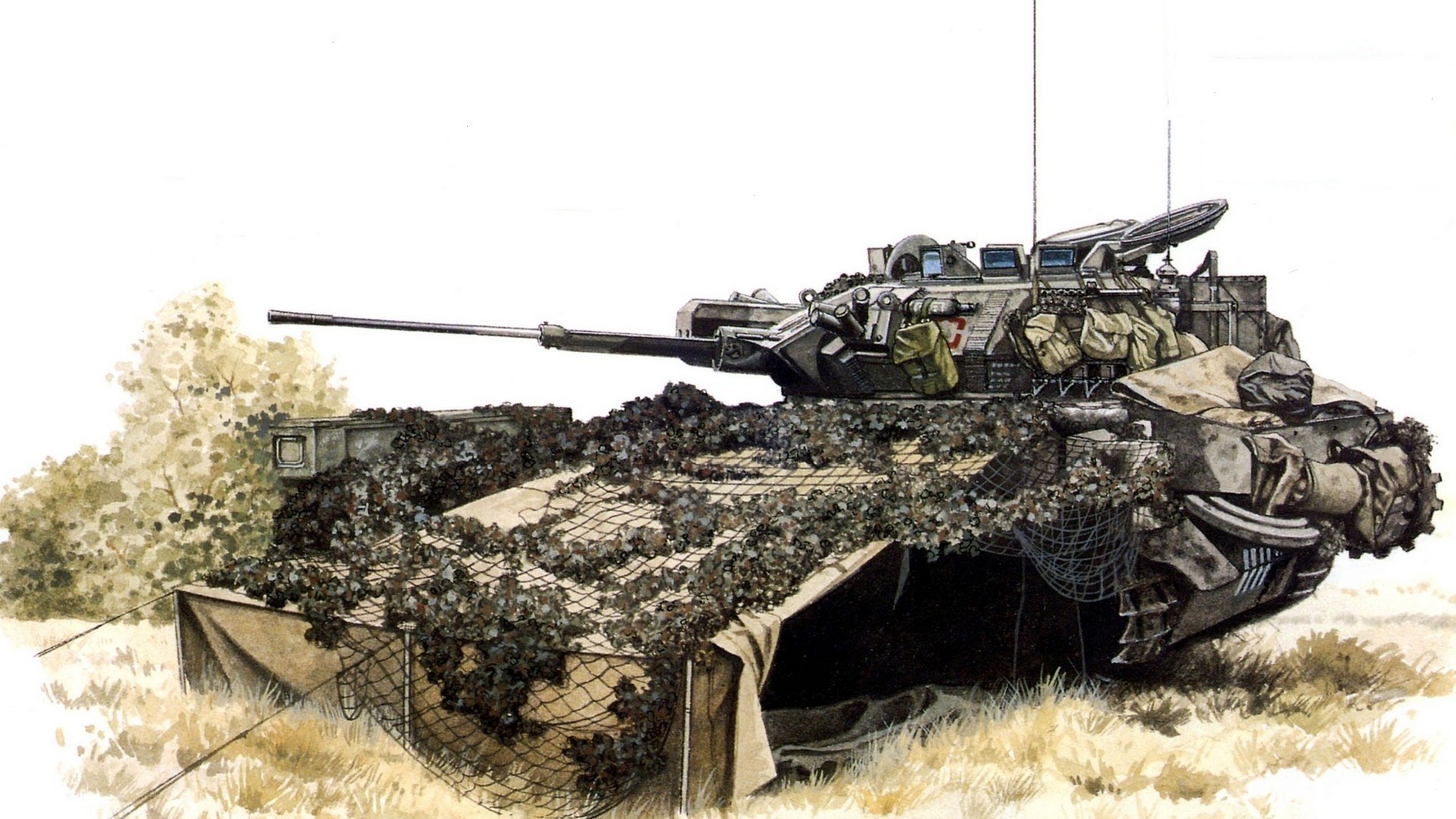 Camouflaged tank in field