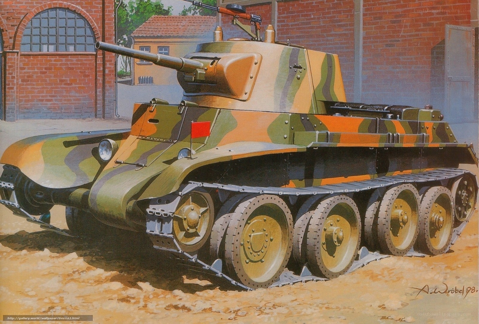 Camouflaged Tank in Front of Building