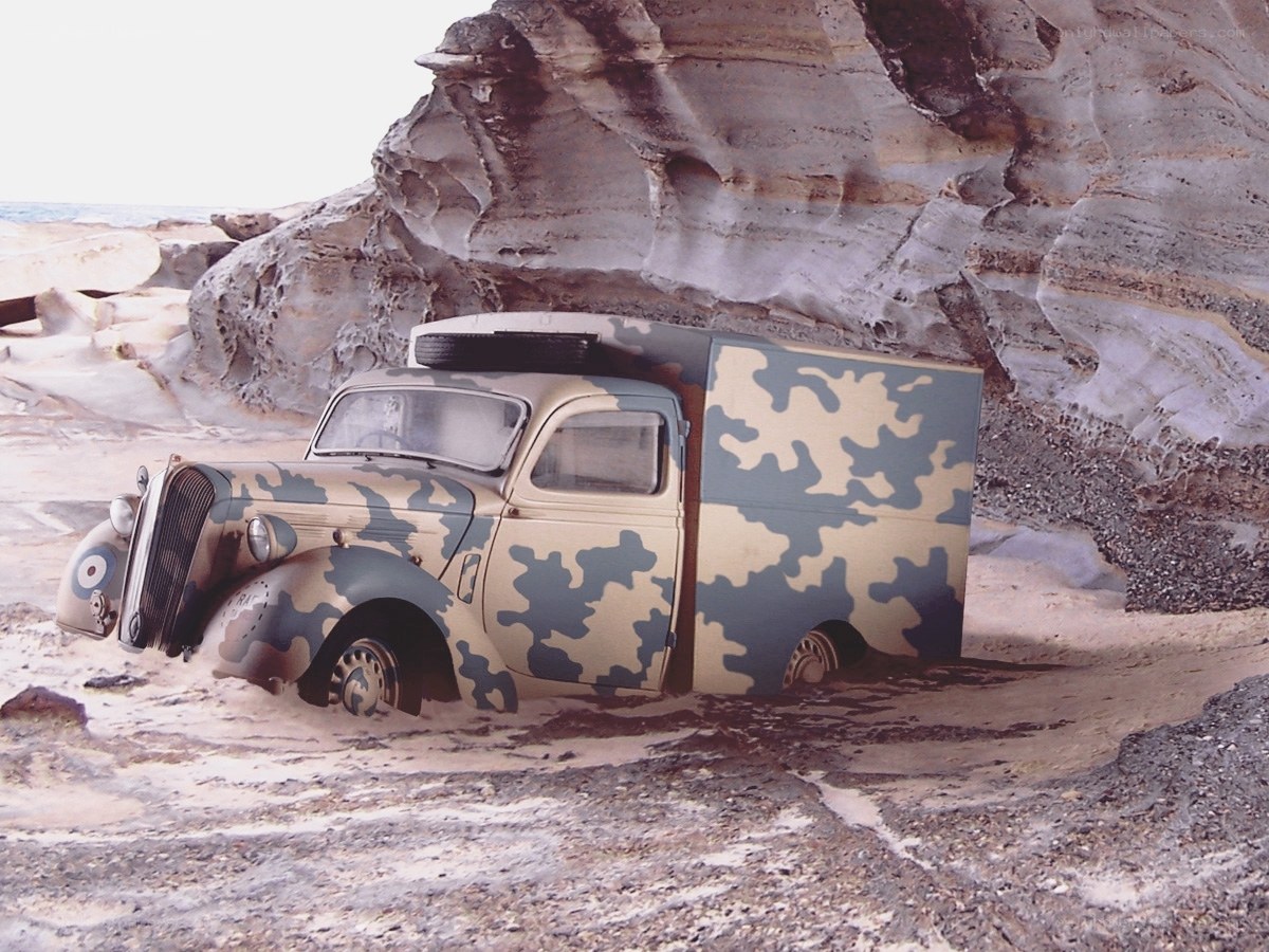 Camouflaged truck on beach