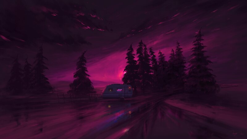 Camper in Snowy Forest