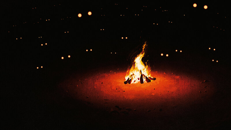 Campfire at Night — Black, Dramatic, Digital Art