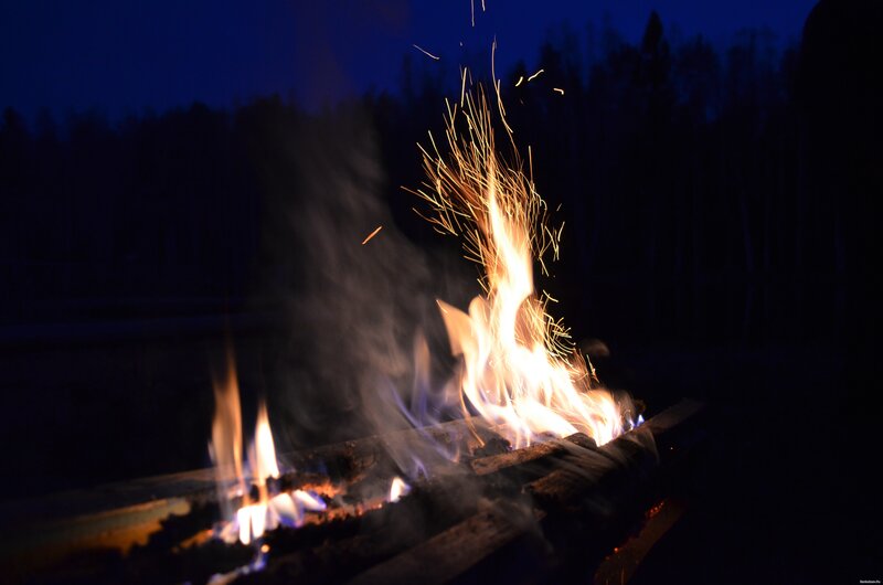 Campfire at Night — Black, Dramatic, Photograph, Fire, Sparks, Trees