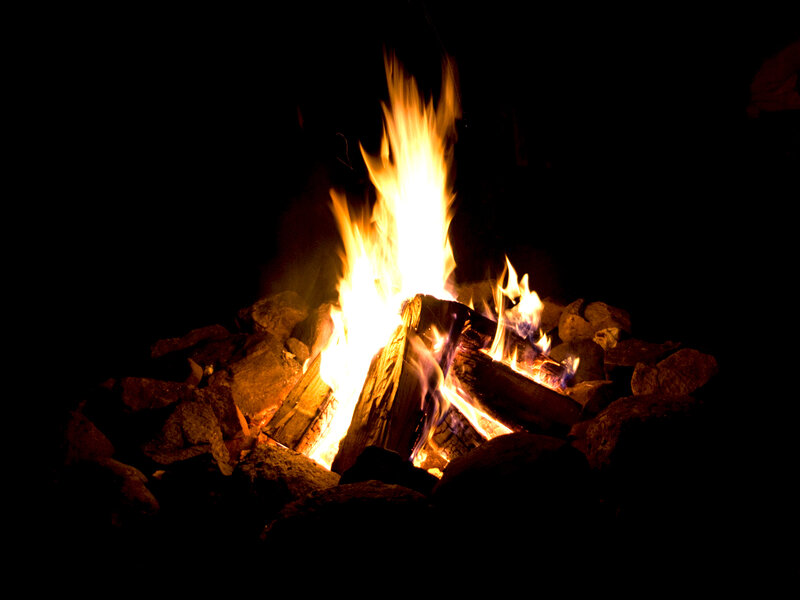 Campfire at Night — Black, Dramatic, Photograph, Logs