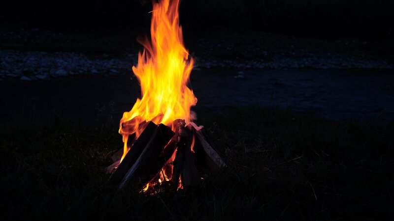 Campfire at Night — Orange, Dramatic, Photograph, Fire, Logs