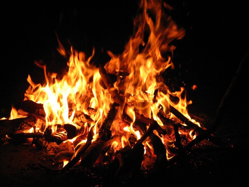 Campfire at Night — Orange, Dramatic, Photograph, Flames, Logs, Embers