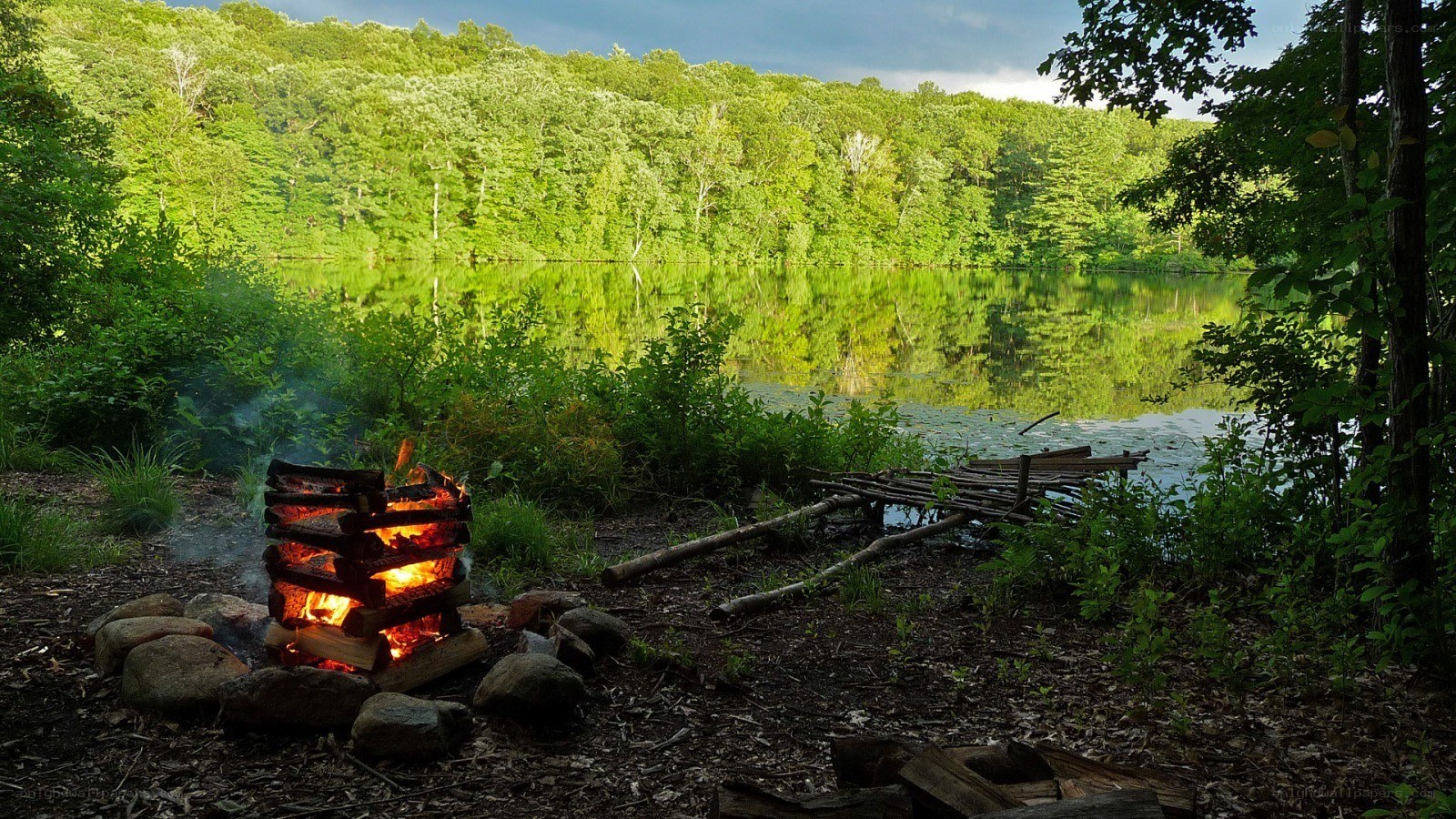 Campfire by a forest lake