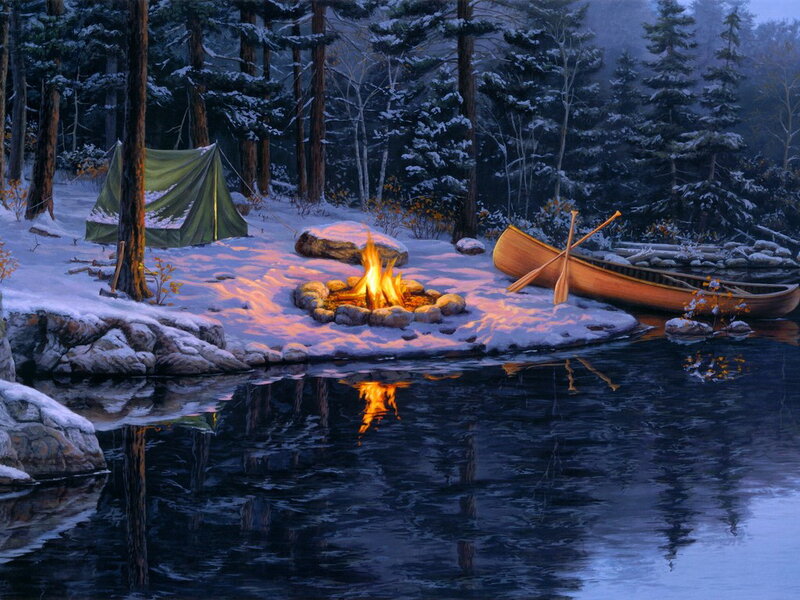 Campfire by Lake — Blue, Serene, Night