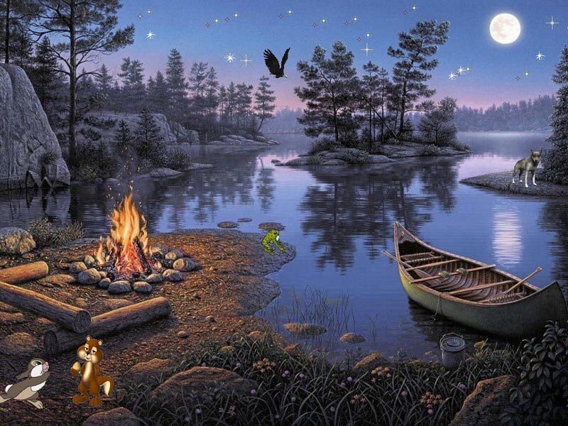Campfire by Lake — Blue