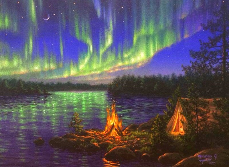 Campfire by Lake — Green, Serene, Night