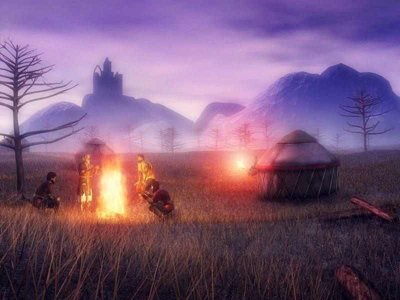 Campfire in a misty landscape
