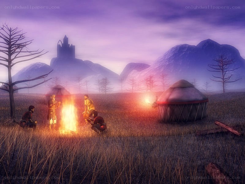 Campfire in a misty landscape