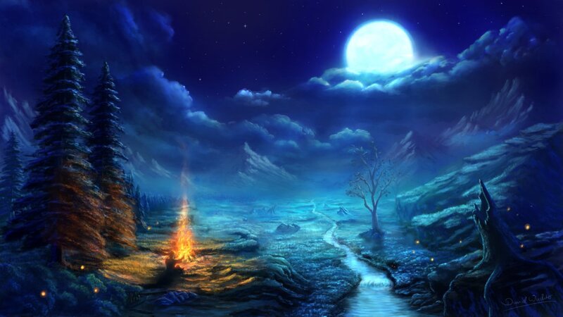 Campfire in Forest — Blue, Serene