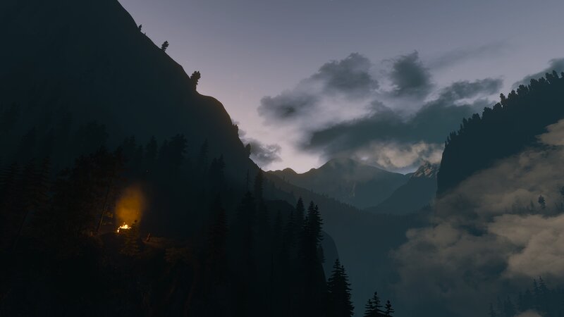 Campfire in Mountain Valley — Dark Blue, Serene