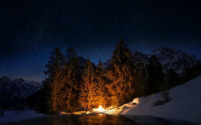 Campfire in Snowy Forest