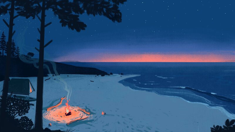 Campfire on Beach — Blue, Serene