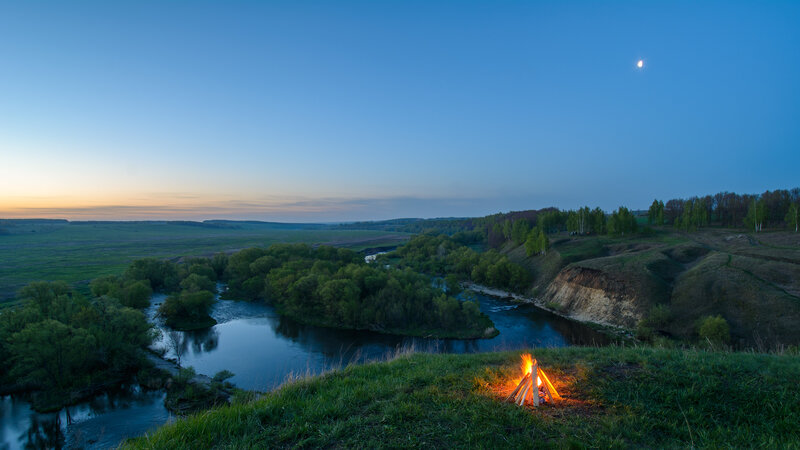 Campfire on Riverbank — Blue