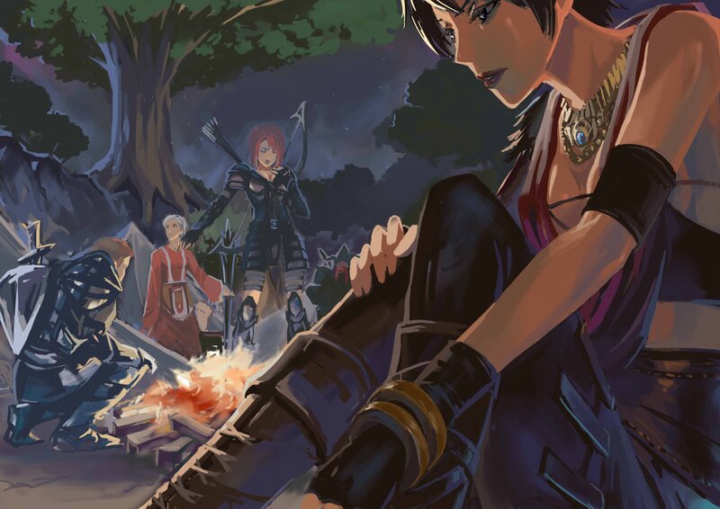 Campfire scene with warriors