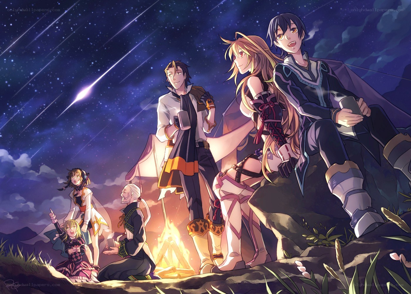Campfire under shooting stars