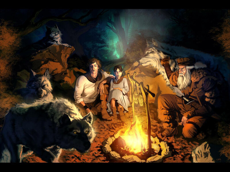 Campfire with travelers and wolves