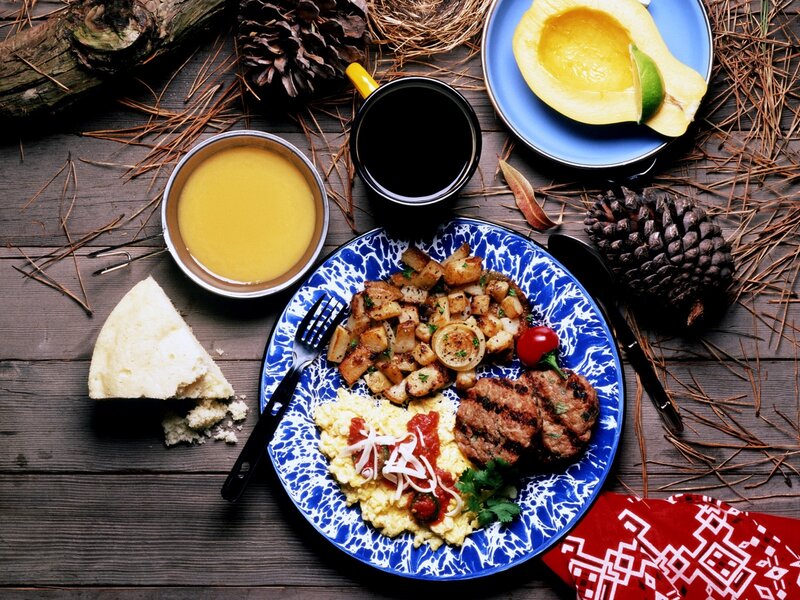 Camping breakfast spread