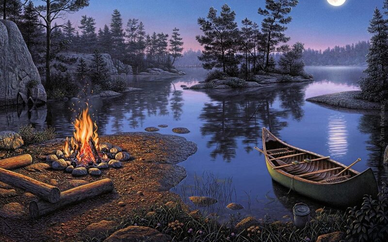 Camping by a moonlit lake