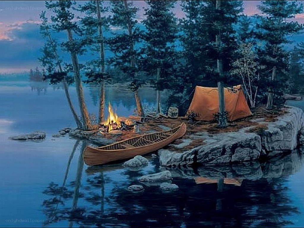 Camping by the lake at dusk