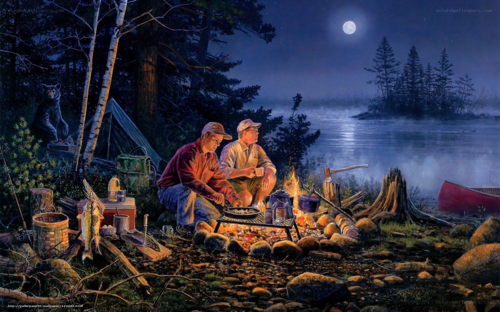 Camping by the lake at night