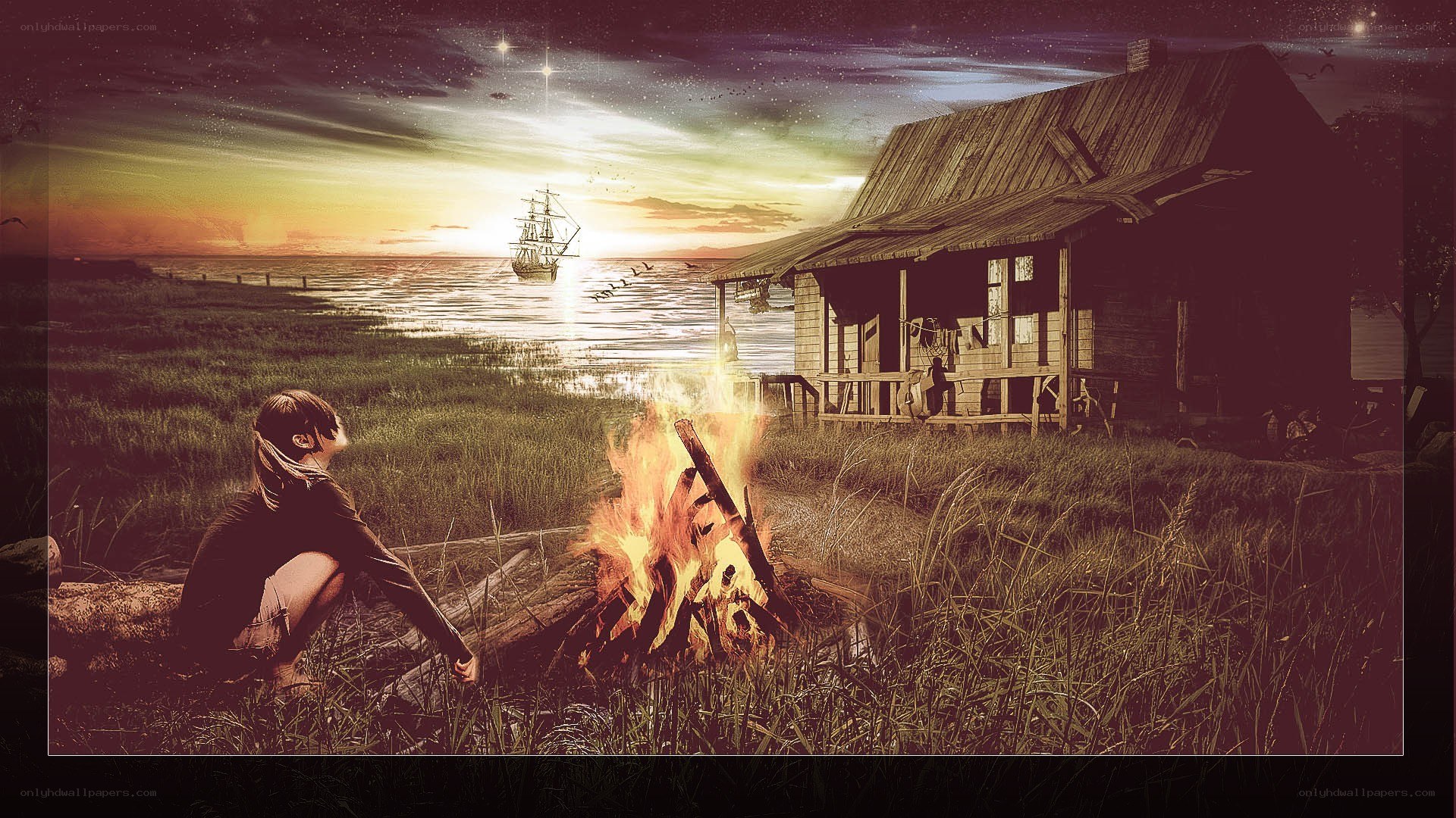 Camping by the sea at sunset