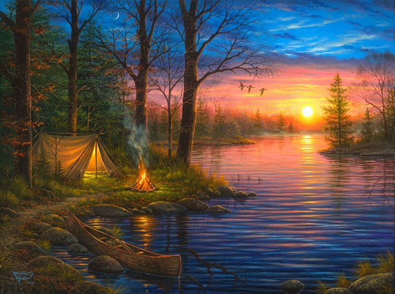 Campsite by Lake at Sunset