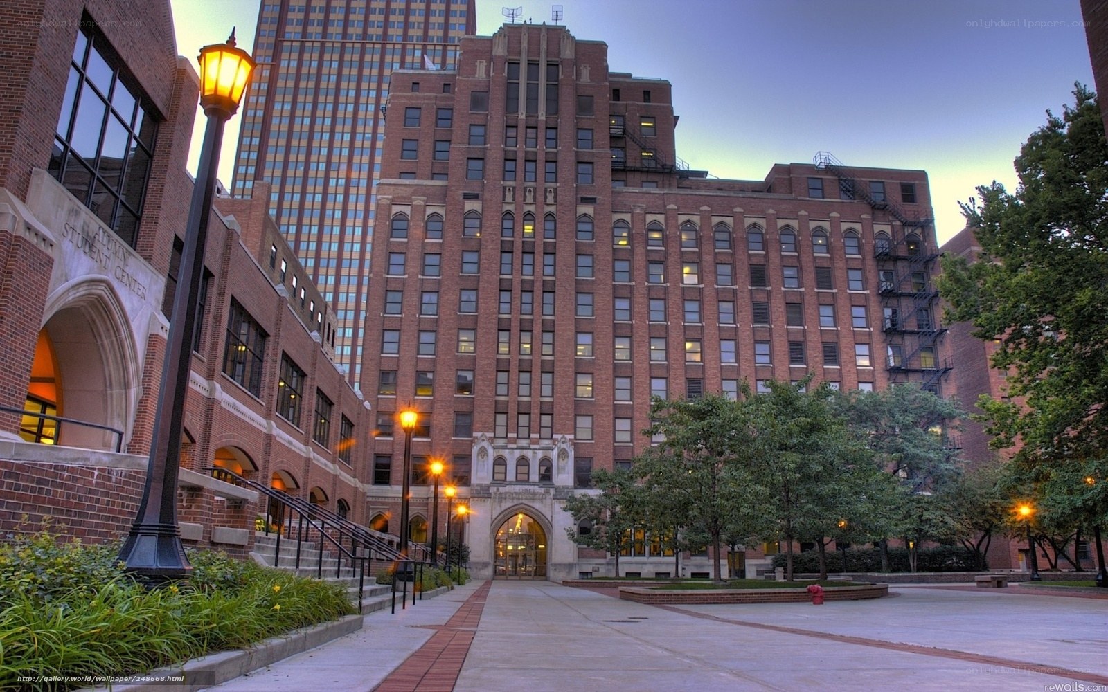 Campus courtyard at dusk