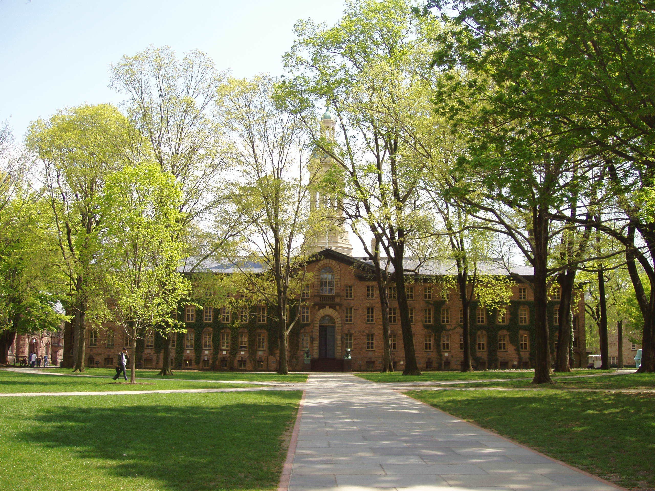 Campus pathway with historic building