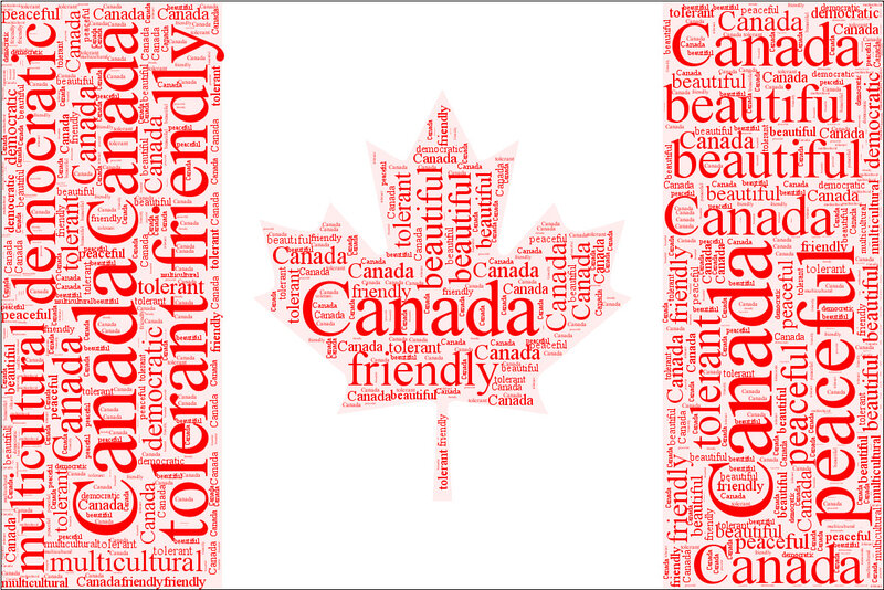 Canada word cloud in maple leaf