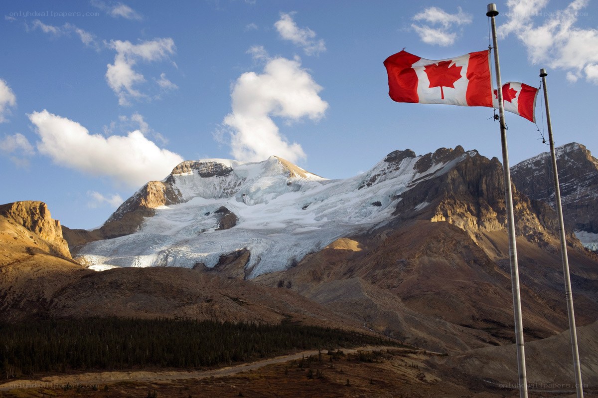 Canadian flags at mountain peak