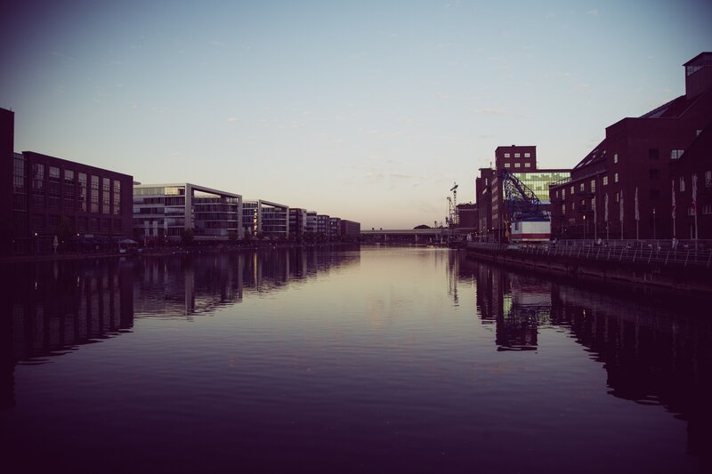 canal at dusk in urban area