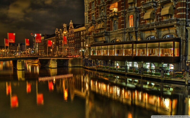 Canal at Night in Amsterdam — Black