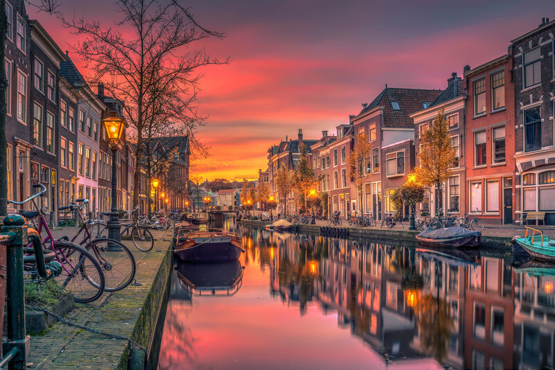 Canal at sunset in a Dutch city