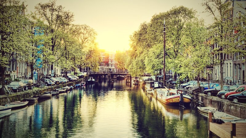 canal at sunset in amsterdam