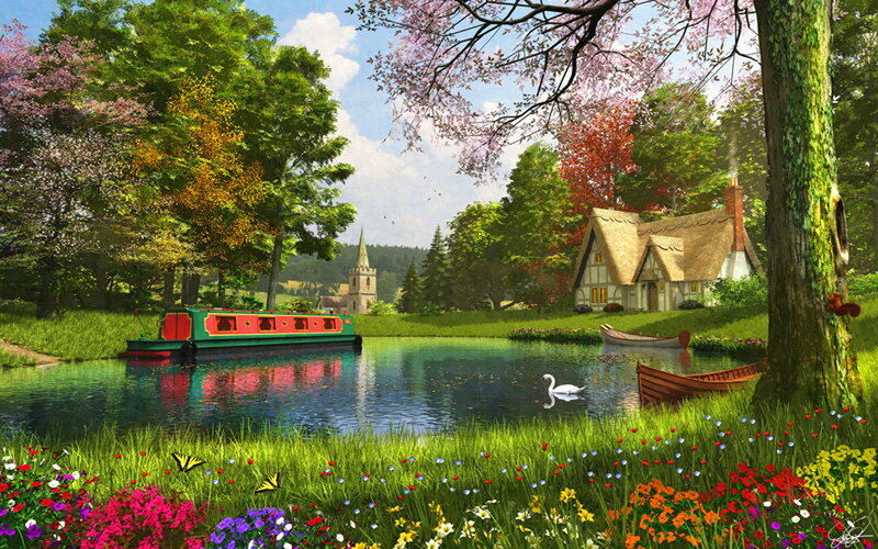 Canal Boat on River — Green