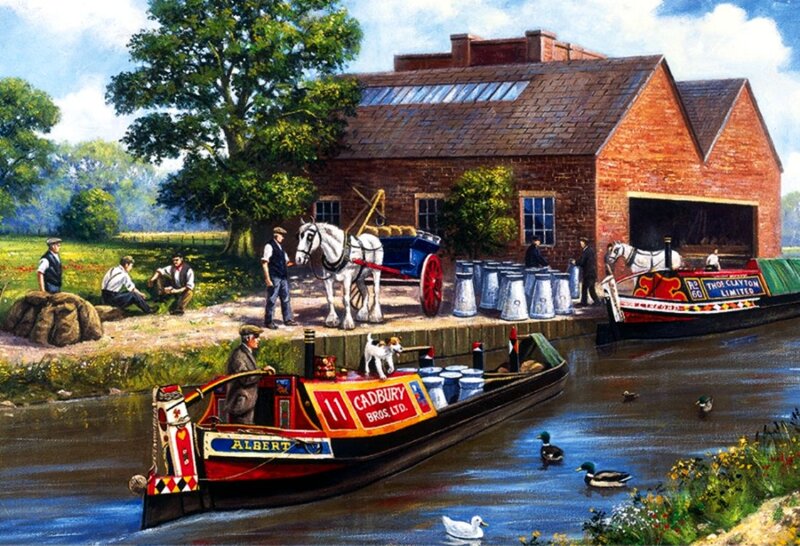 Canal Boat on River — Red