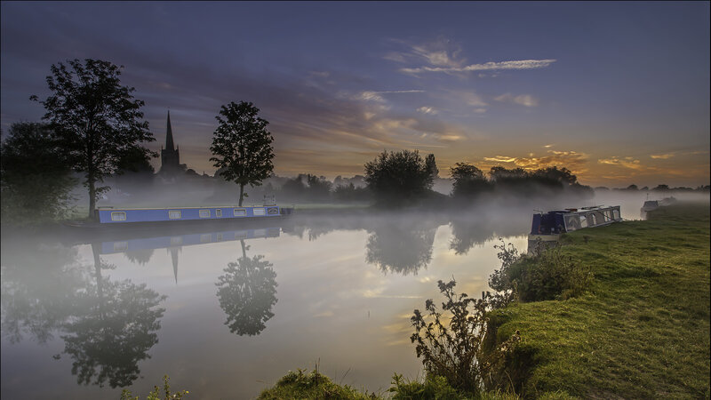 Canal Boats on Misty River — Blue, Serene