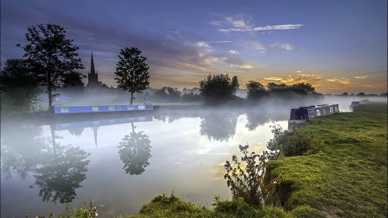 Canal Boats on Misty River — Blue