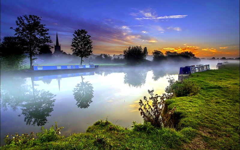 Canal Boats on Misty River