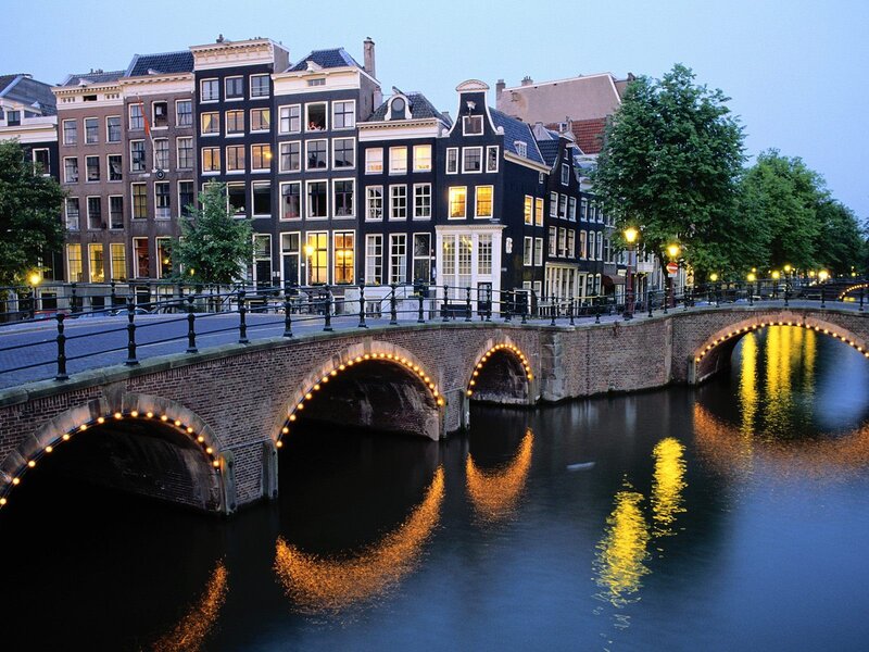 Canal Bridge at Dusk — Blue, Serene, Night, Photograph, Buildings