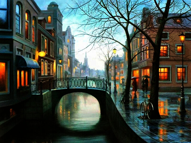 Canal Bridge at Dusk — Blue, Serene