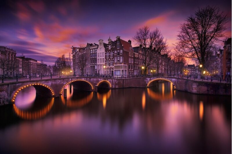 Canal Bridge at Dusk — Purple, Serene