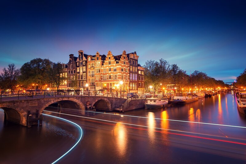 Canal Bridge at Night — Blue, Serene, Photograph